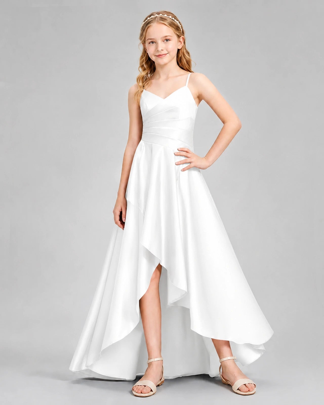 Dideyttawl Junior Bridesmaid Dress with High-Low Skirt and Satin Ruched Bodice