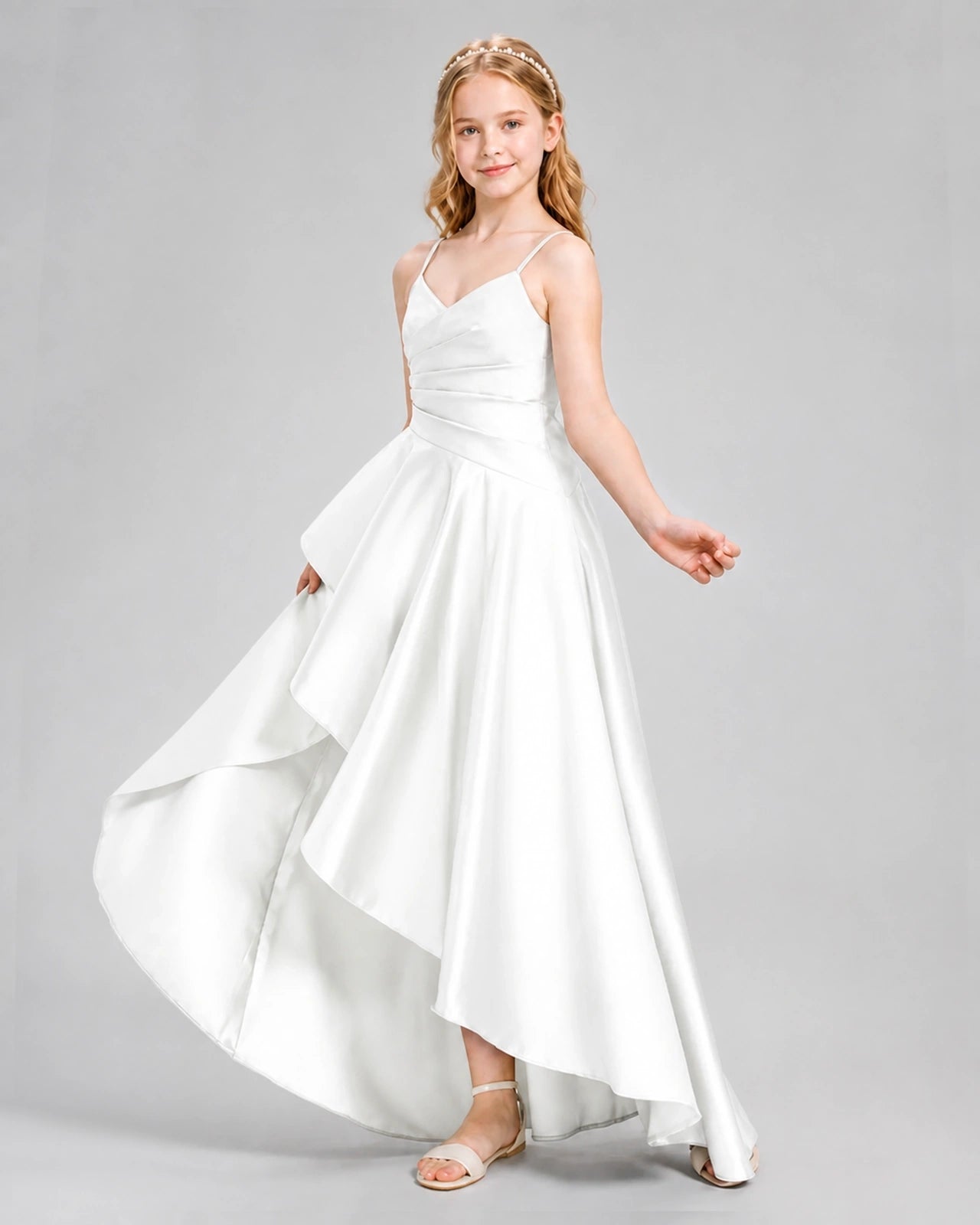 Dideyttawl Junior Bridesmaid Dress with High-Low Skirt and Satin Ruched Bodice