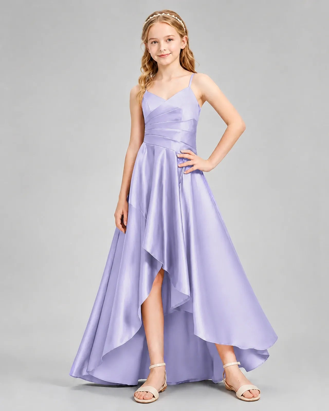 Lavender Satin A-line Junior Bridesmaid Dress Front View