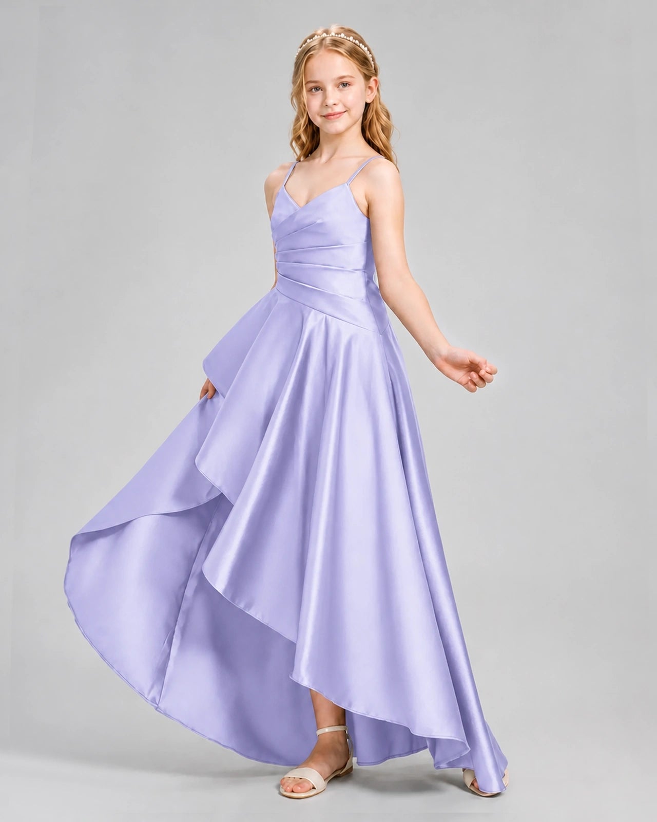 Dideyttawl Junior Bridesmaid Dress with High-Low Skirt and Satin Ruched Bodice