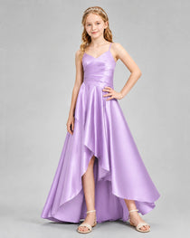 Dideyttawl Junior Bridesmaid Dress with High-Low Skirt and Satin Ruched Bodice