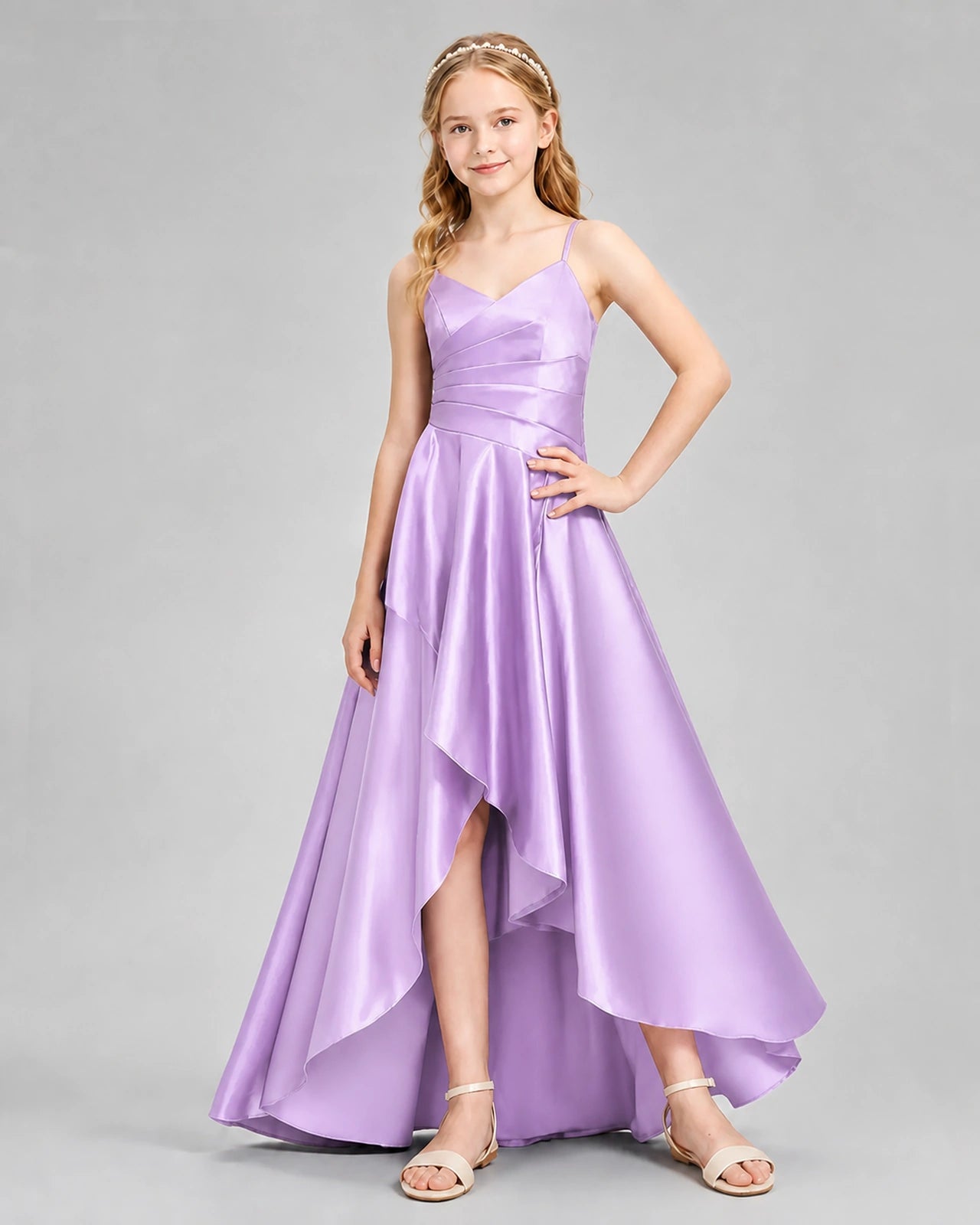Dideyttawl Junior Bridesmaid Dress with High-Low Skirt and Satin Ruched Bodice