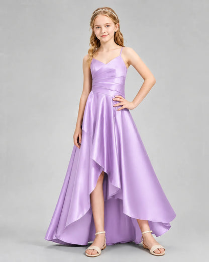 Lilac Satin A-line Junior Bridesmaid Dress Front View