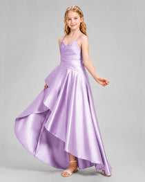 Dideyttawl Junior Bridesmaid Dress with High-Low Skirt and Satin Ruched Bodice