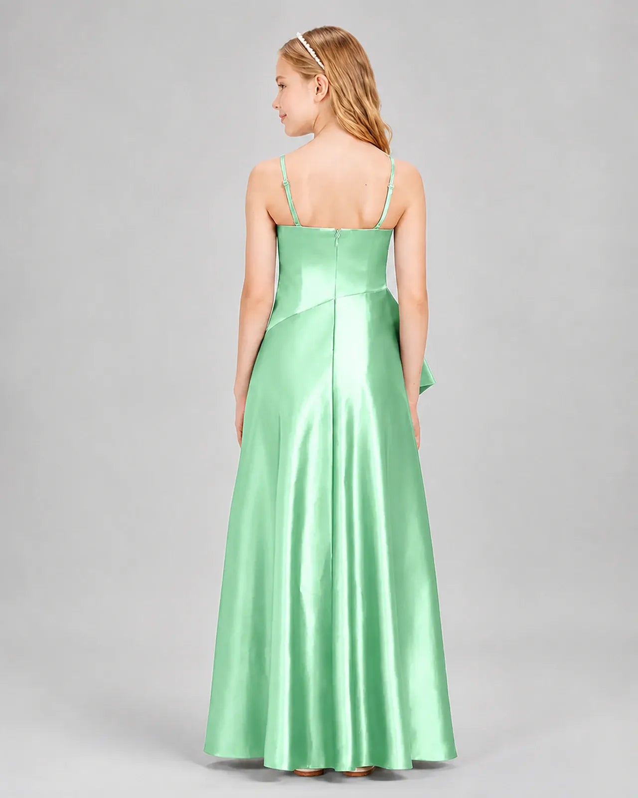 Mint Green Satin A-line Junior Bridesmaid Dress Back View