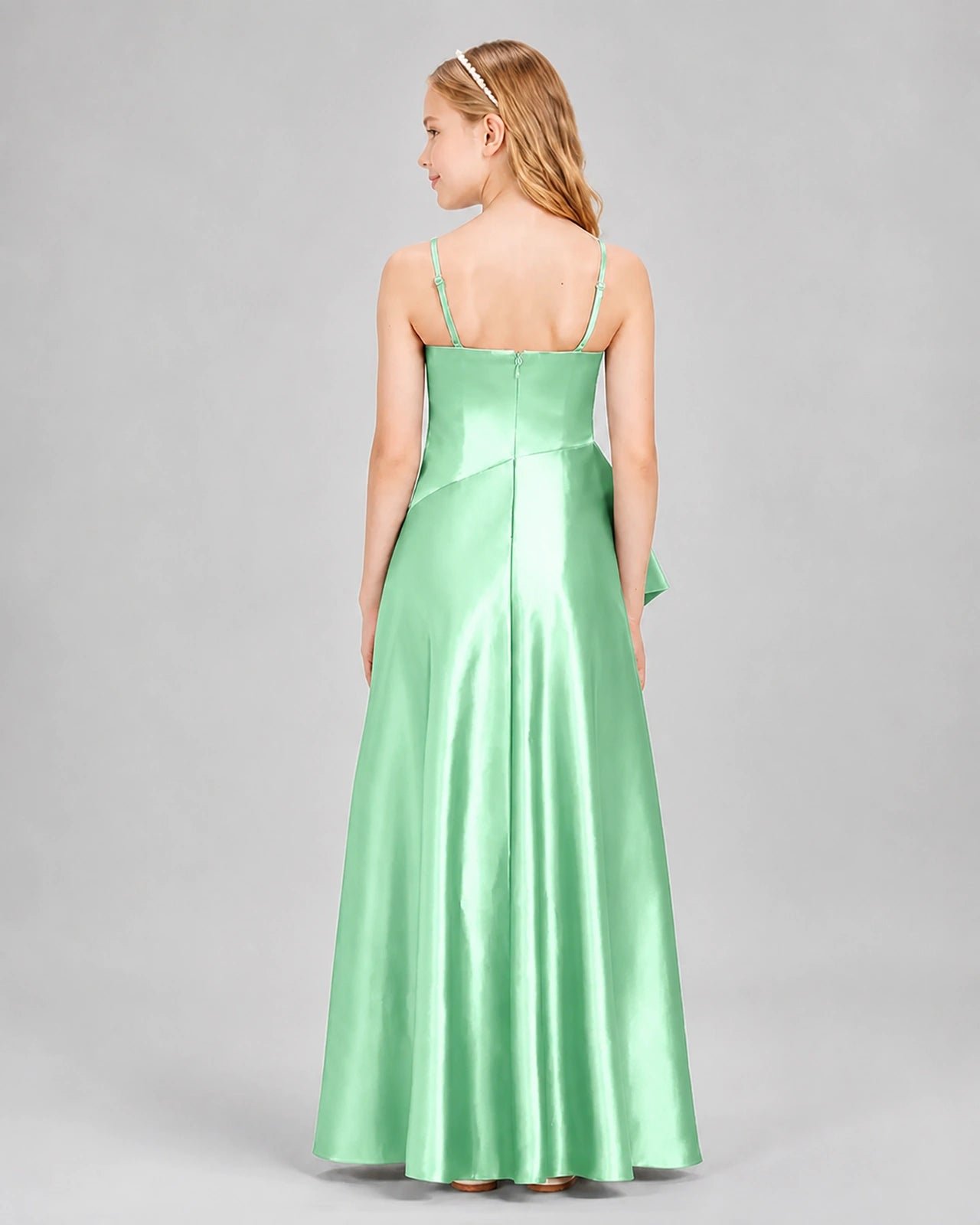 Dideyttawl Junior Bridesmaid Dress with High-Low Skirt and Satin Ruched Bodice