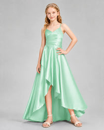 Dideyttawl Junior Bridesmaid Dress with High-Low Skirt and Satin Ruched Bodice