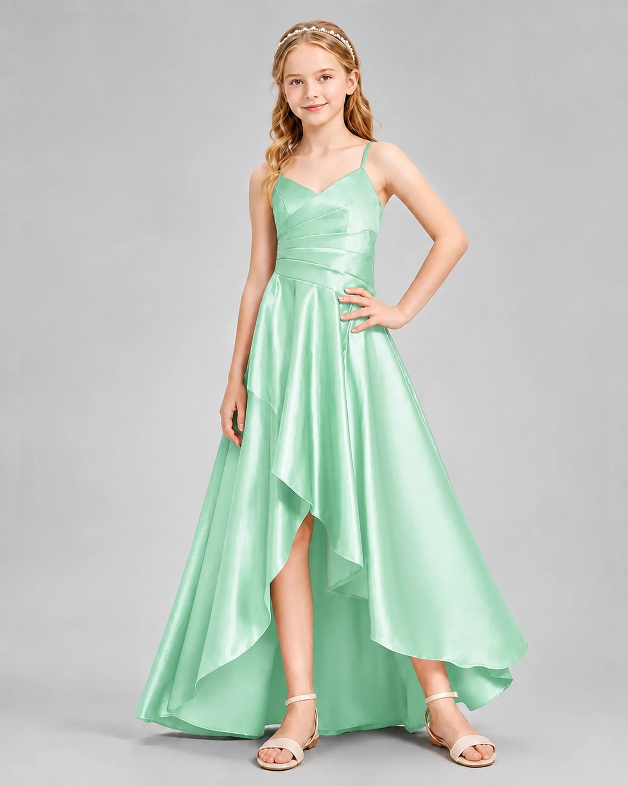 Dideyttawl Junior Bridesmaid Dress with High-Low Skirt and Satin Ruched Bodice
