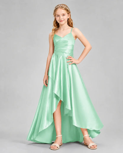 Mint Green Satin A-line Junior Bridesmaid Dress Front View