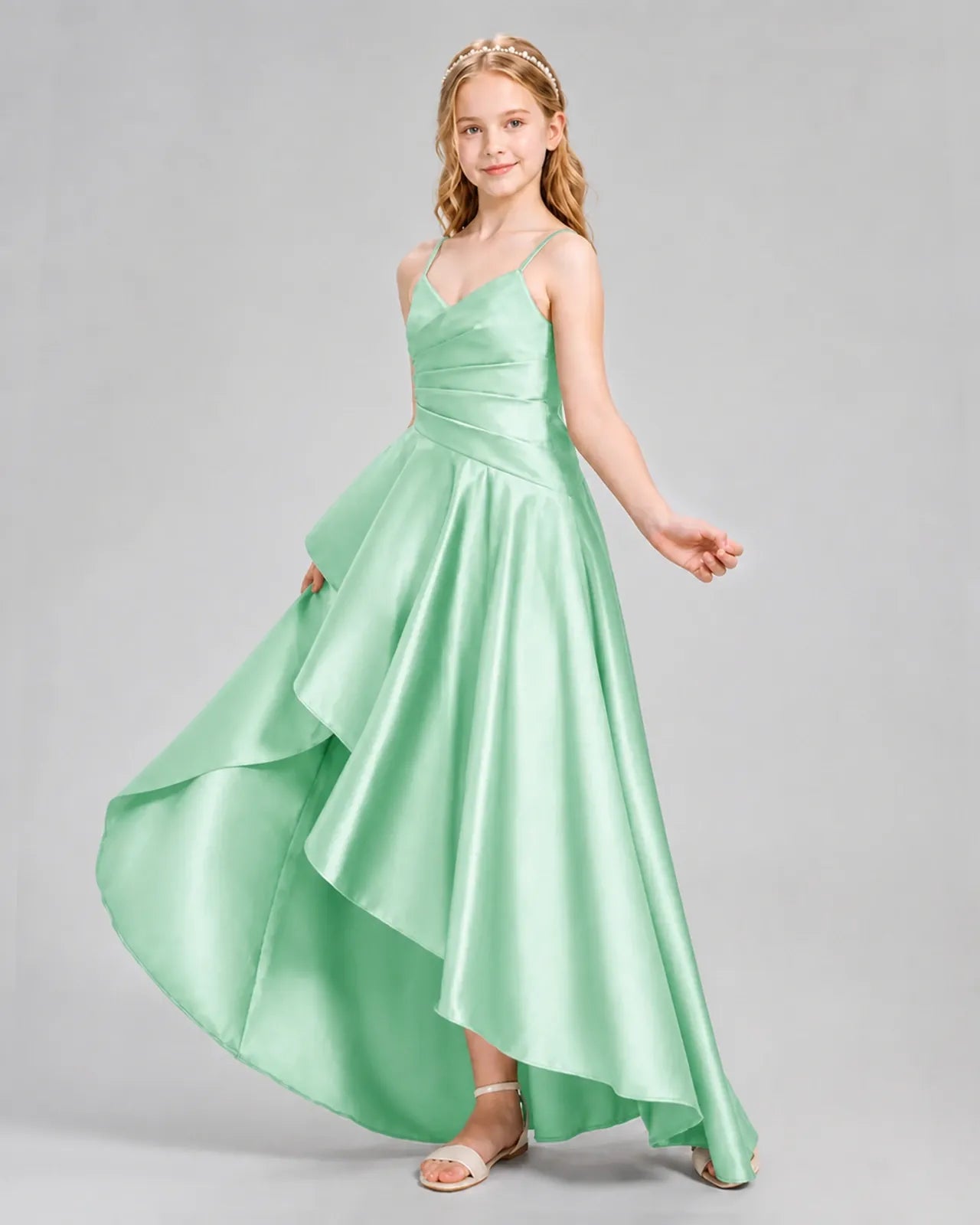 Mint Green Satin A-line Junior Bridesmaid Dress Side View