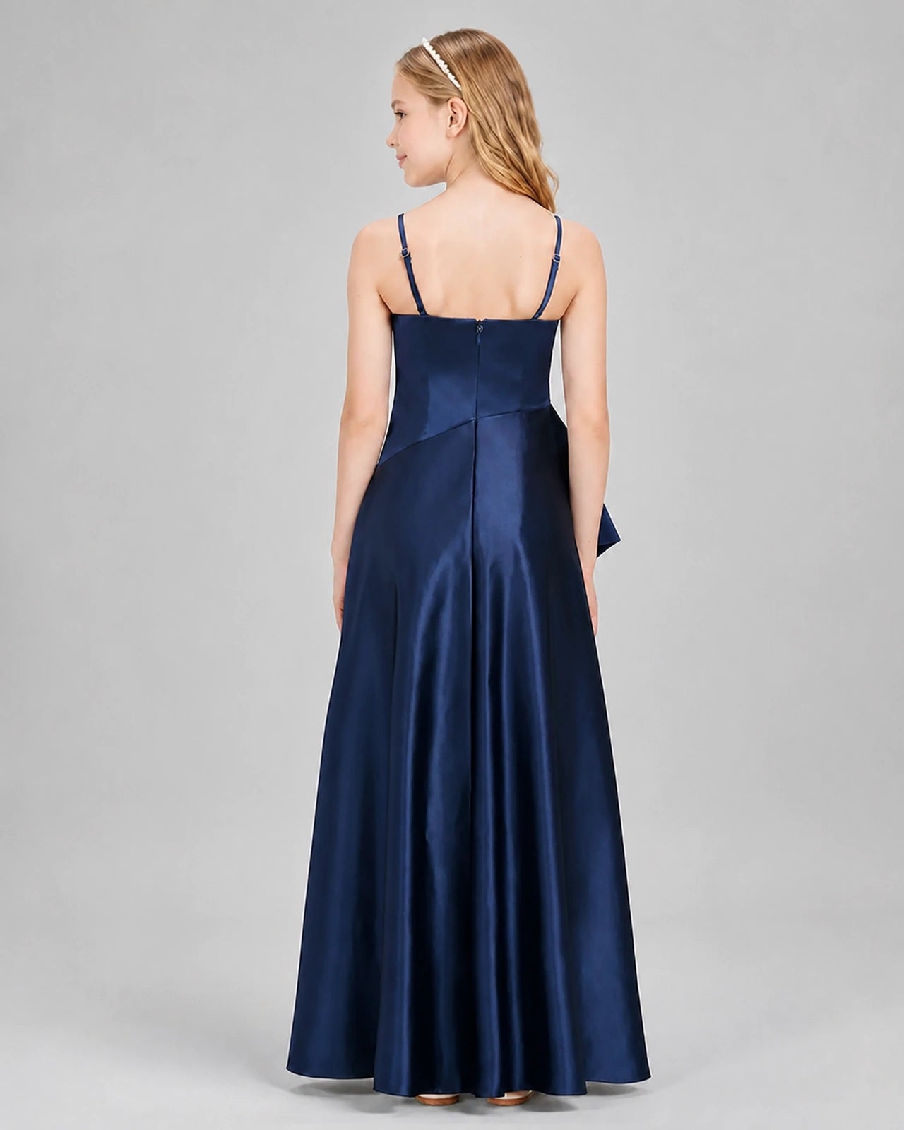 Dideyttawl Junior Bridesmaid Dress with High-Low Skirt and Satin Ruched Bodice