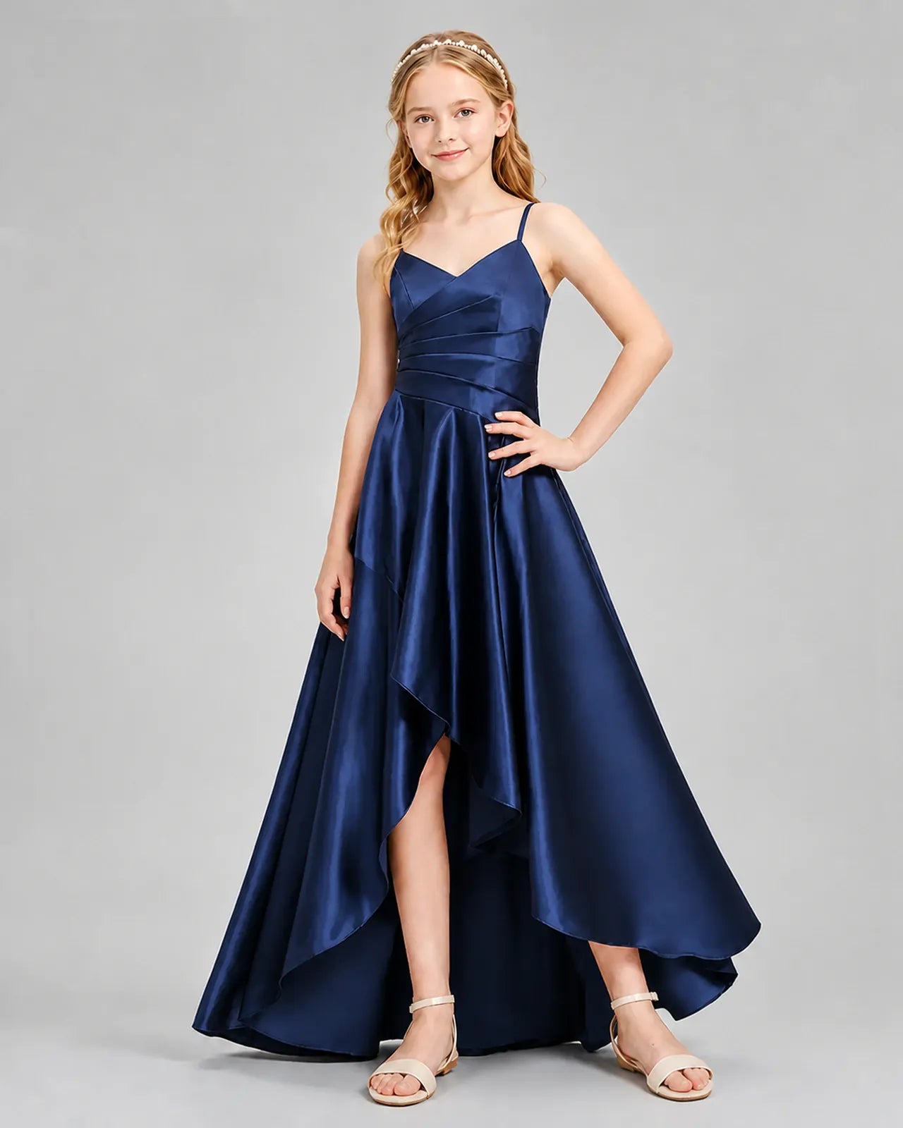 Navy Blue Satin A-line Junior Bridesmaid Dress Front View