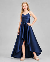 Navy Blue Satin A-line Junior Bridesmaid Dress Front View