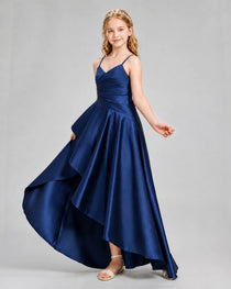 Dideyttawl Junior Bridesmaid Dress with High-Low Skirt and Satin Ruched Bodice