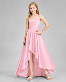 Dideyttawl Junior Bridesmaid Dress with High-Low Skirt and Satin Ruched Bodice
