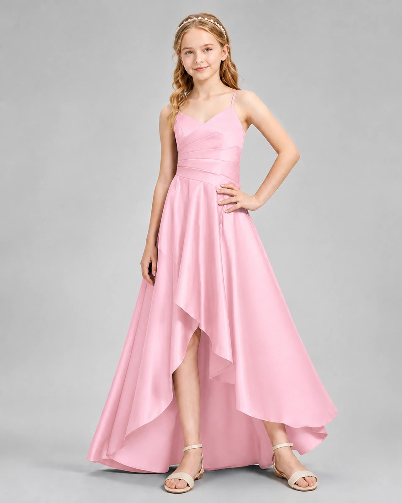 Dideyttawl Junior Bridesmaid Dress with High-Low Skirt and Satin Ruched Bodice
