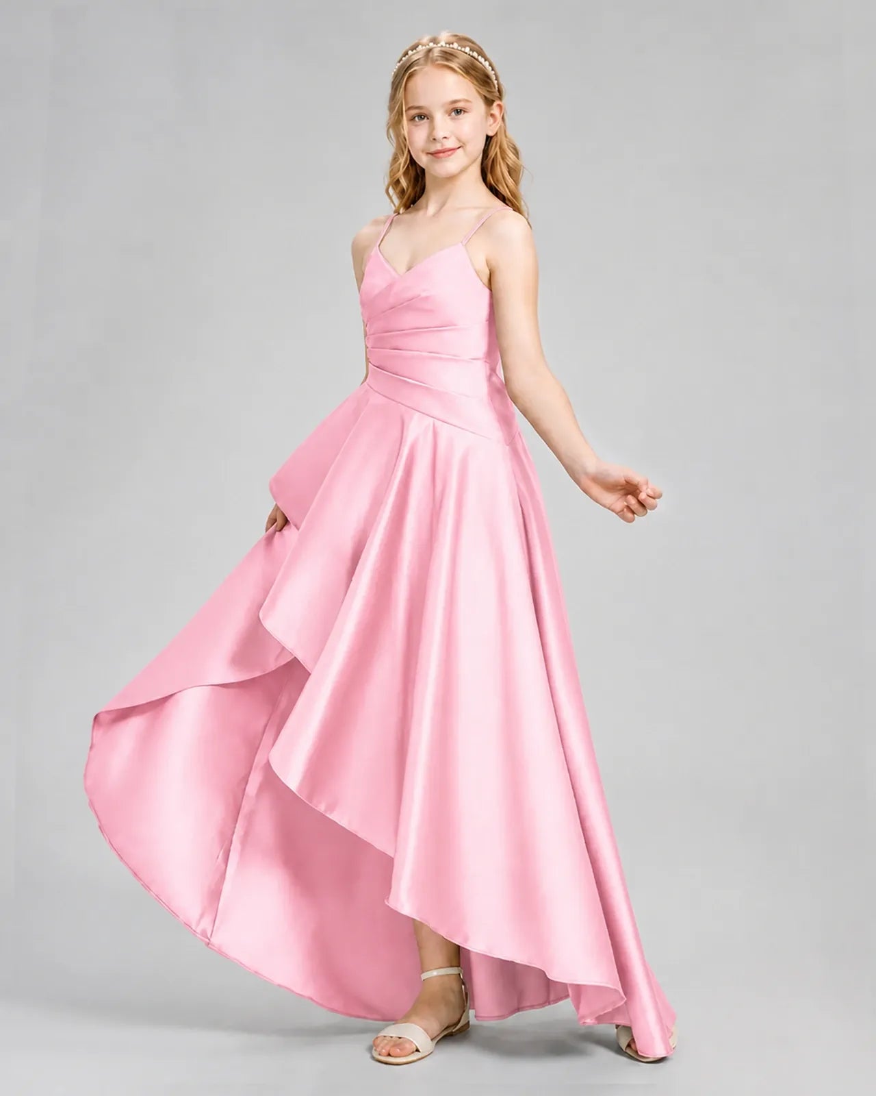 Pink Satin A-line Junior Bridesmaid Dress Side View