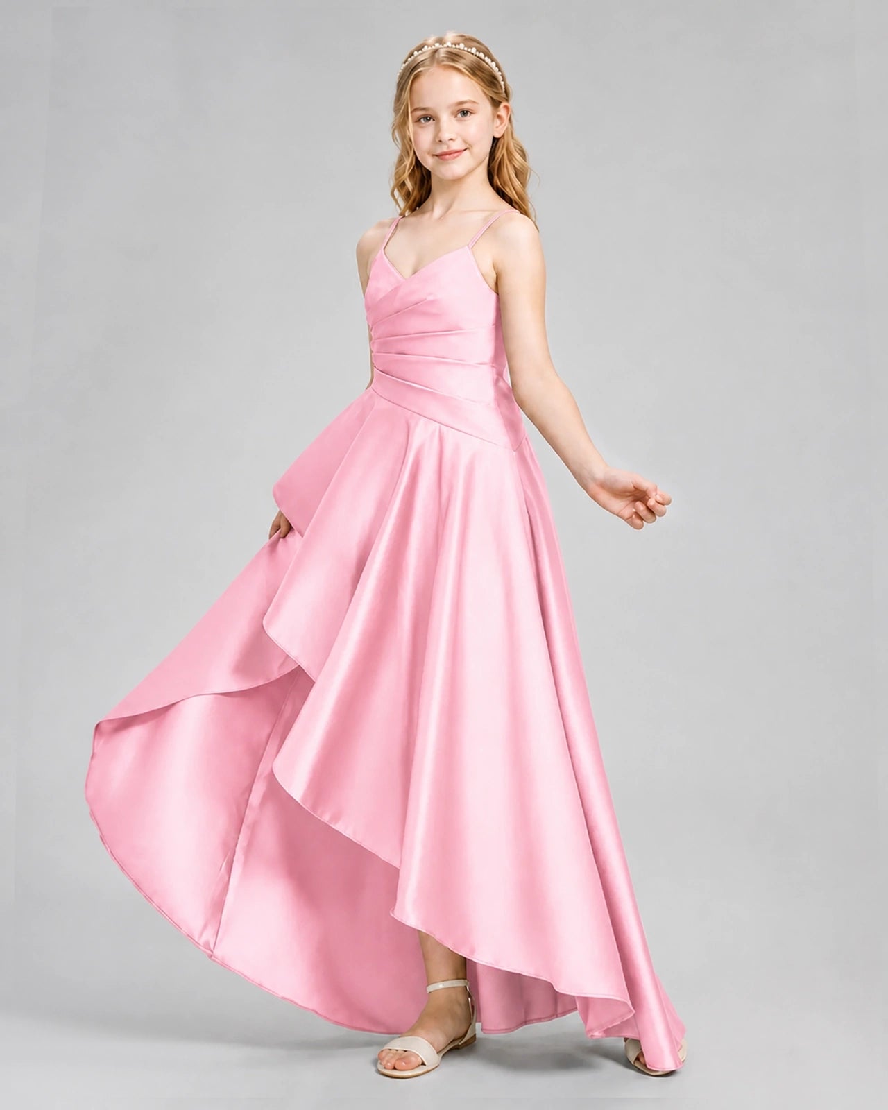 Dideyttawl Junior Bridesmaid Dress with High-Low Skirt and Satin Ruched Bodice