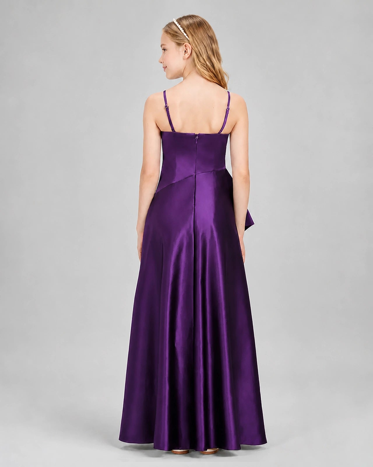 Dideyttawl Junior Bridesmaid Dress with High-Low Skirt and Satin Ruched Bodice
