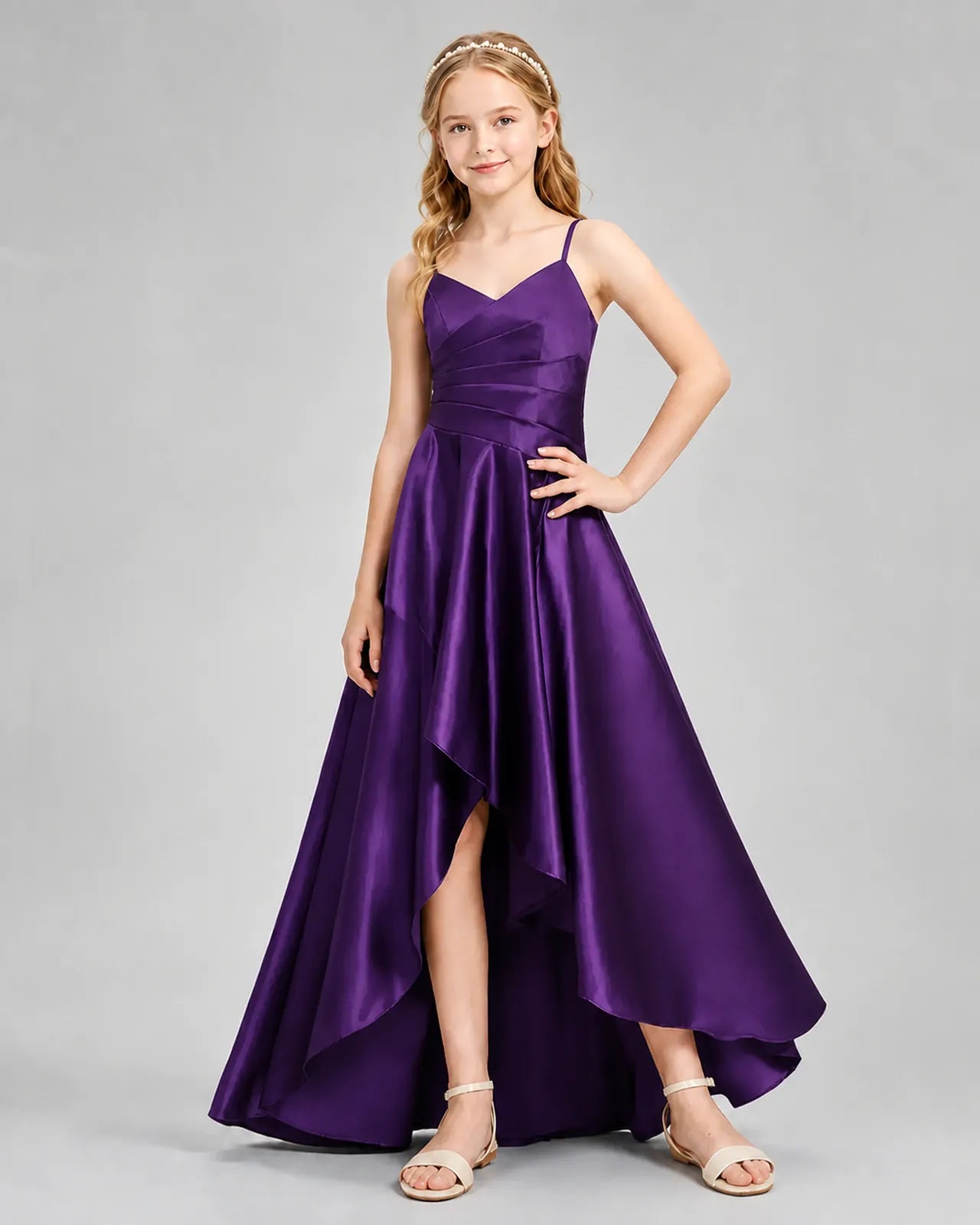 Purple Satin A-line Junior Bridesmaid Dress Front View