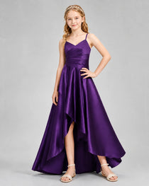 Dideyttawl Junior Bridesmaid Dress with High-Low Skirt and Satin Ruched Bodice