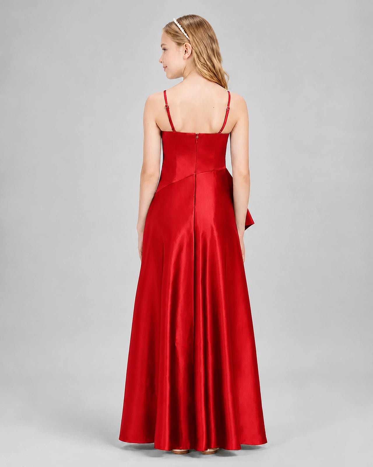 Dideyttawl Junior Bridesmaid Dress with High-Low Skirt and Satin Ruched Bodice