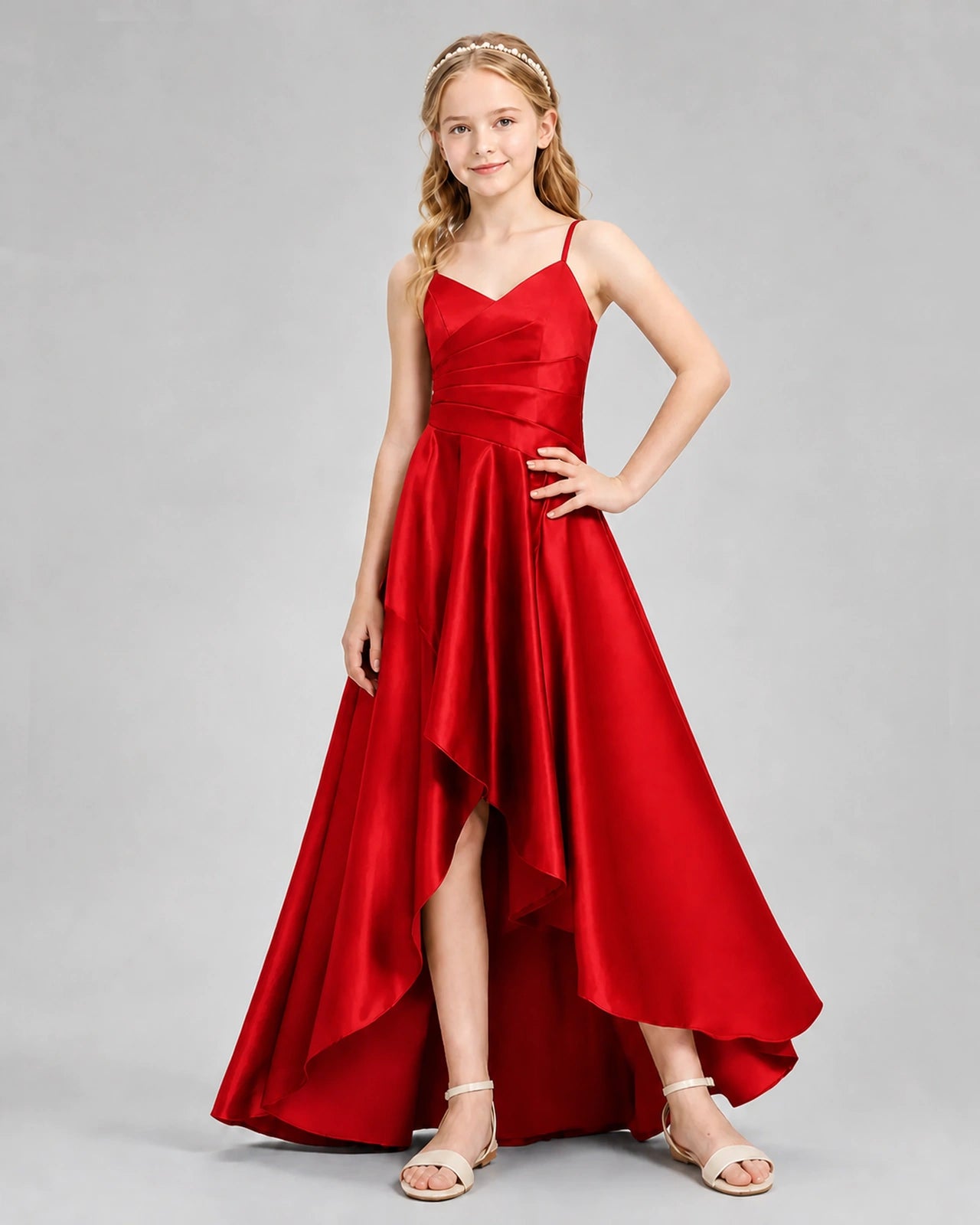 Dideyttawl Junior Bridesmaid Dress with High-Low Skirt and Satin Ruched Bodice