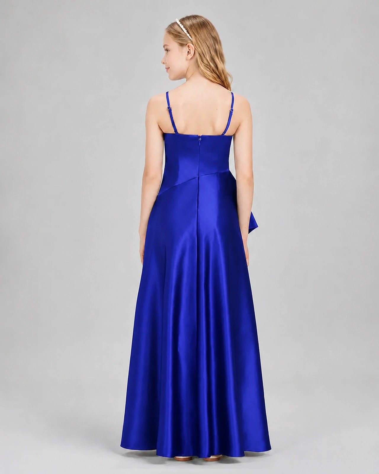 Dideyttawl Junior Bridesmaid Dress with High-Low Skirt and Satin Ruched Bodice