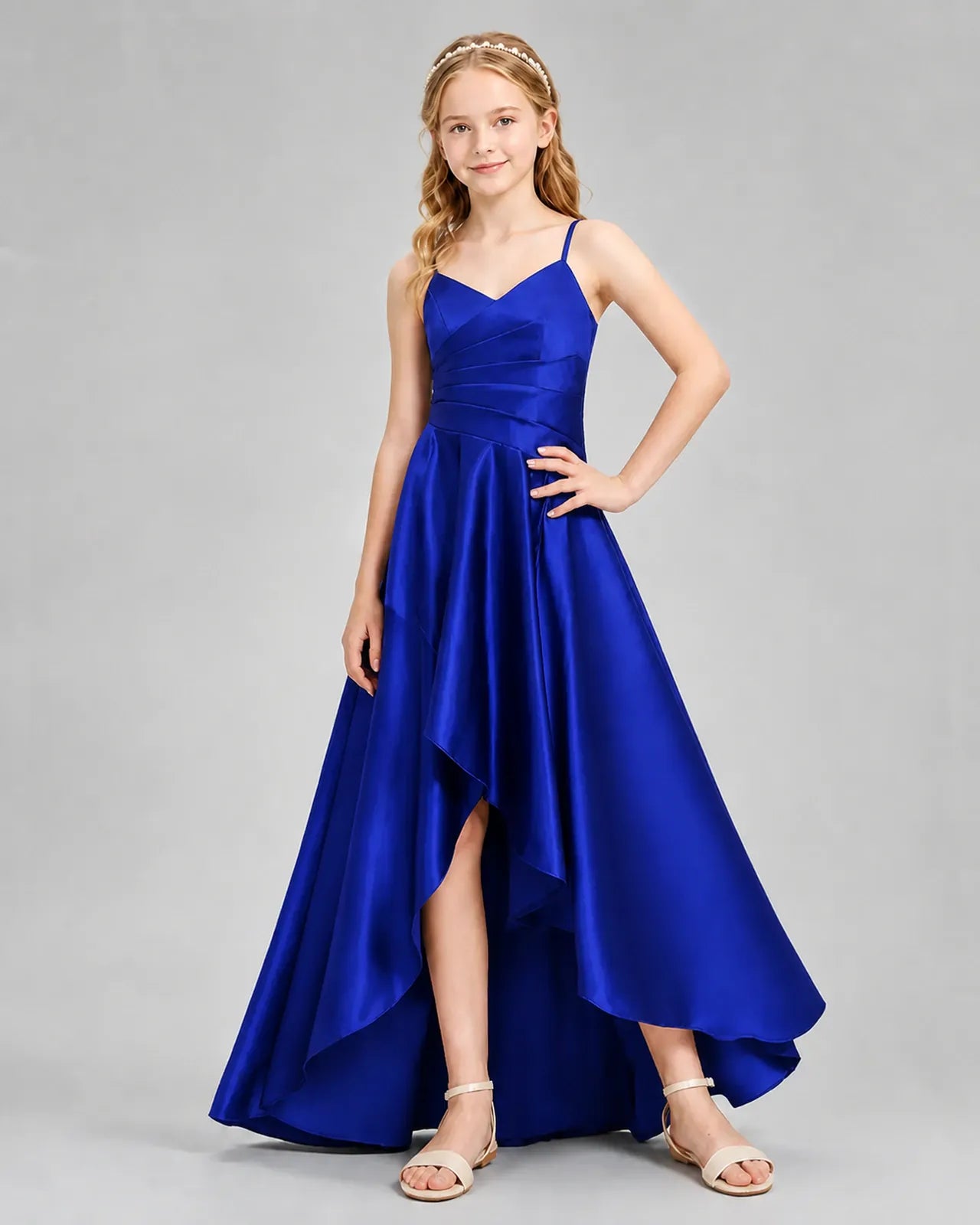 Royal Blue Satin A-line Junior Bridesmaid Dress Front View