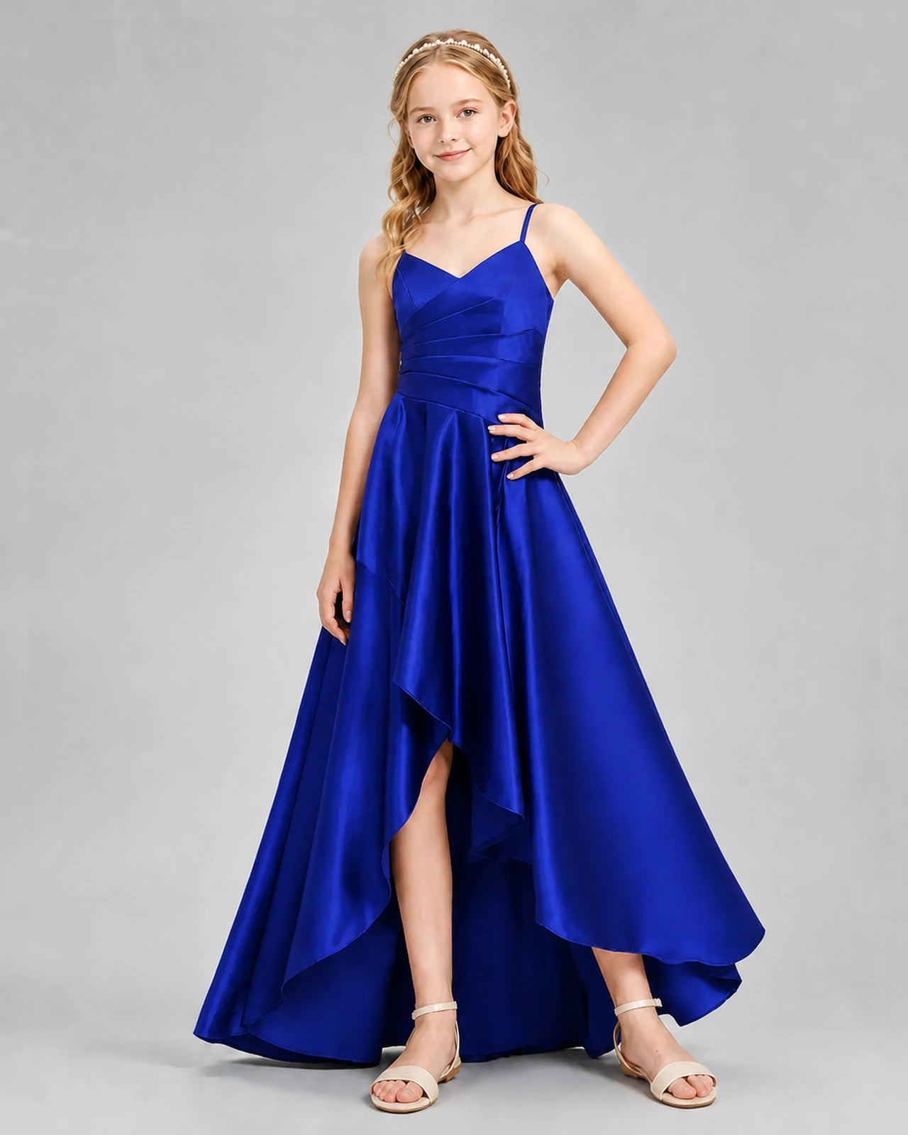 Dideyttawl Junior Bridesmaid Dress with High-Low Skirt and Satin Ruched Bodice
