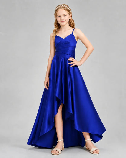 Royal Blue Satin A-line Junior Bridesmaid Dress Front View