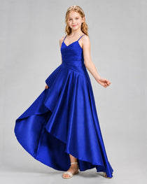 Dideyttawl Junior Bridesmaid Dress with High-Low Skirt and Satin Ruched Bodice