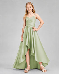 Dideyttawl Junior Bridesmaid Dress with High-Low Skirt and Satin Ruched Bodice
