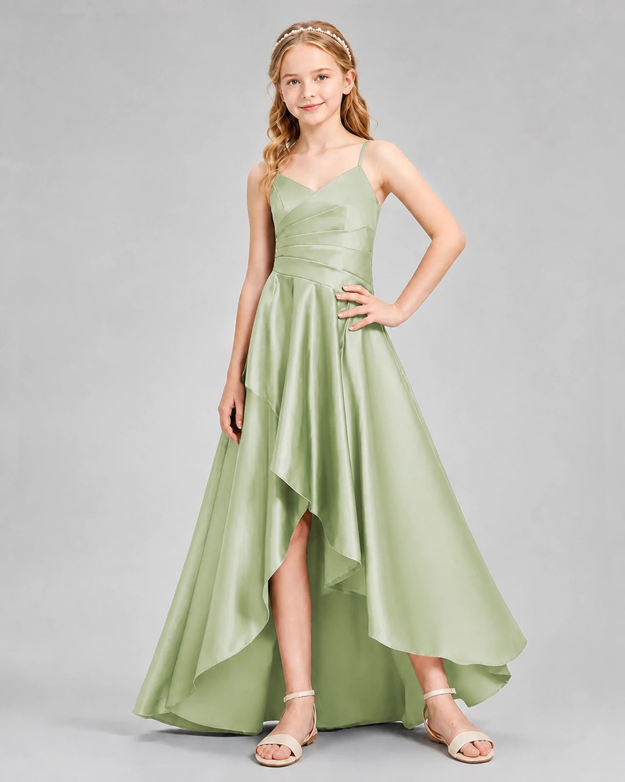 Dideyttawl Junior Bridesmaid Dress with High-Low Skirt and Satin Ruched Bodice