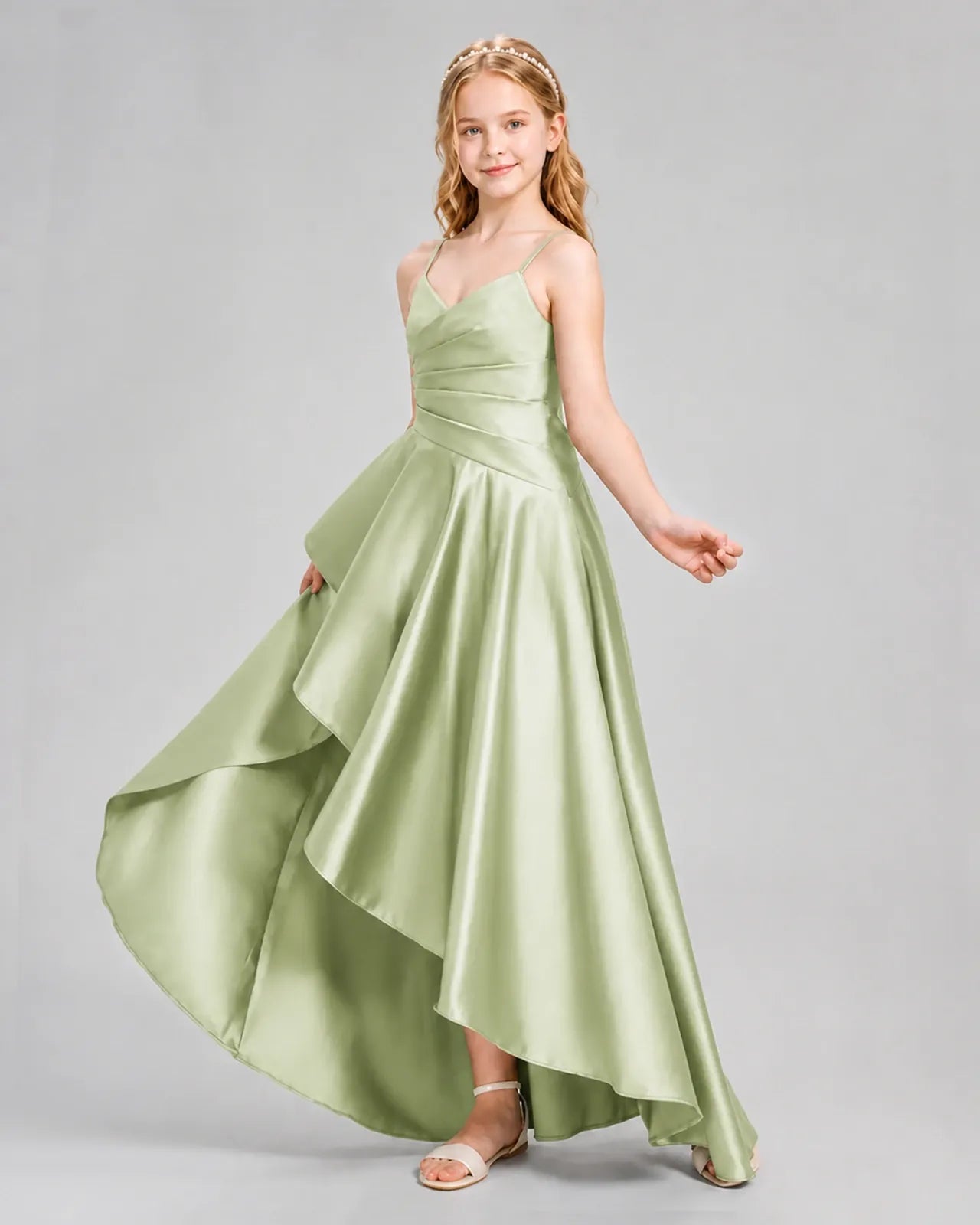 Sage Green Satin A-line Junior Bridesmaid Dress Side View