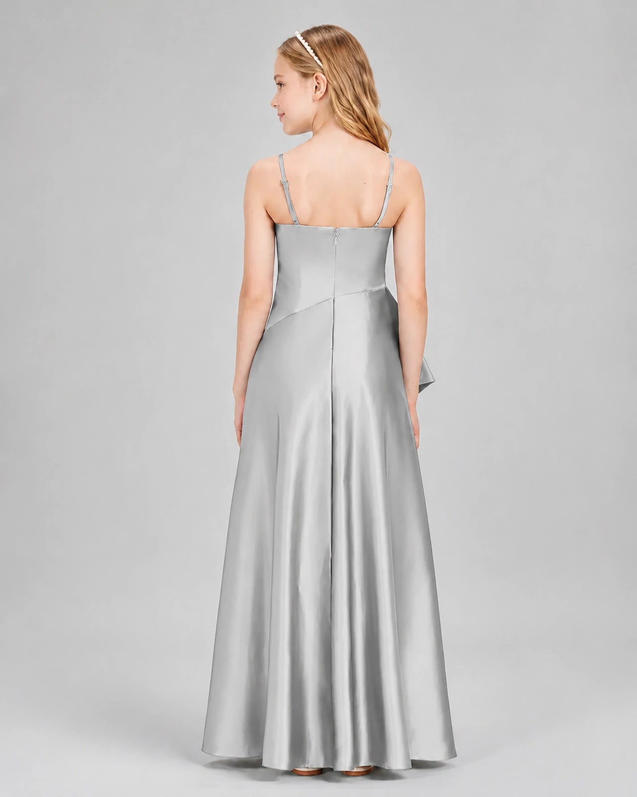 Dideyttawl Junior Bridesmaid Dress with High-Low Skirt and Satin Ruched Bodice