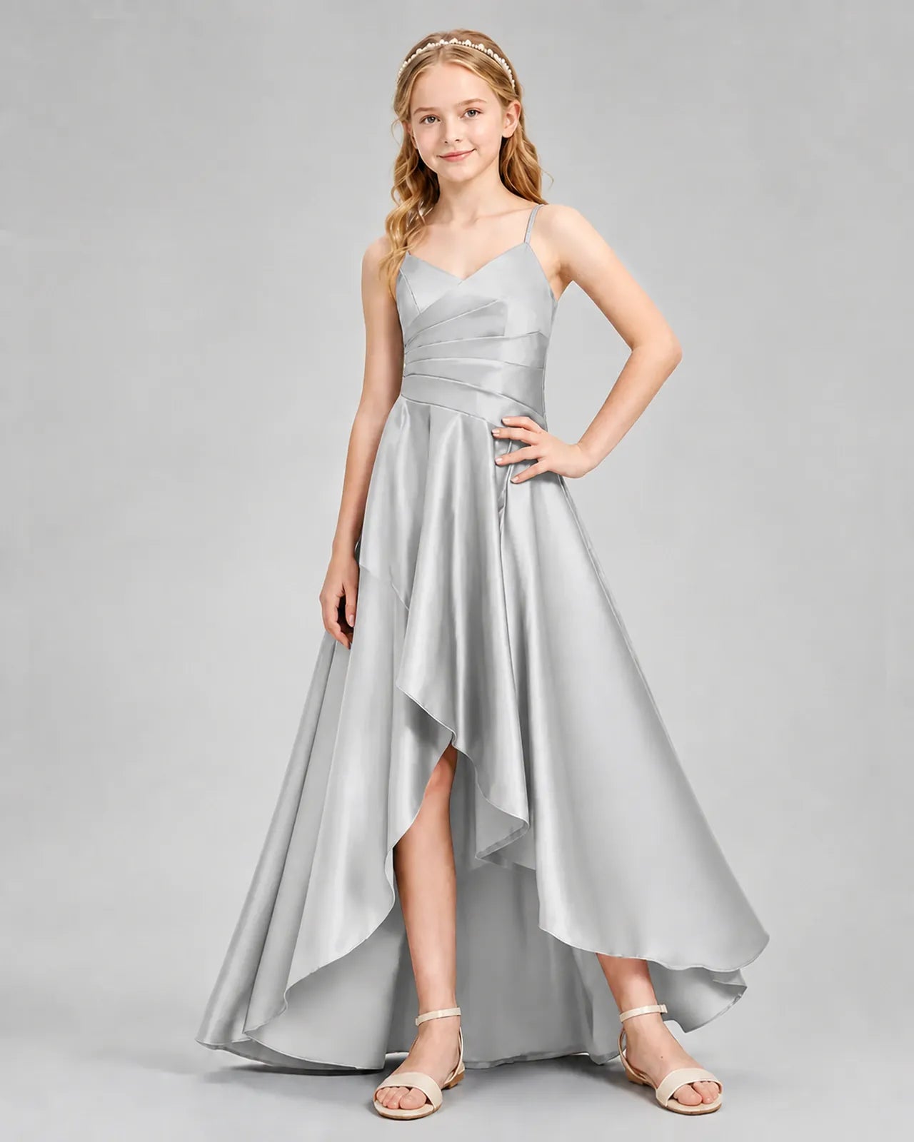 Silver Satin A-line Junior Bridesmaid Dress Front View