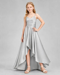 Dideyttawl Junior Bridesmaid Dress with High-Low Skirt and Satin Ruched Bodice