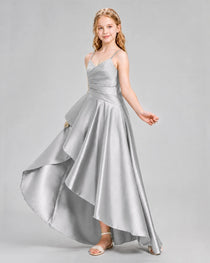 Dideyttawl Junior Bridesmaid Dress with High-Low Skirt and Satin Ruched Bodice