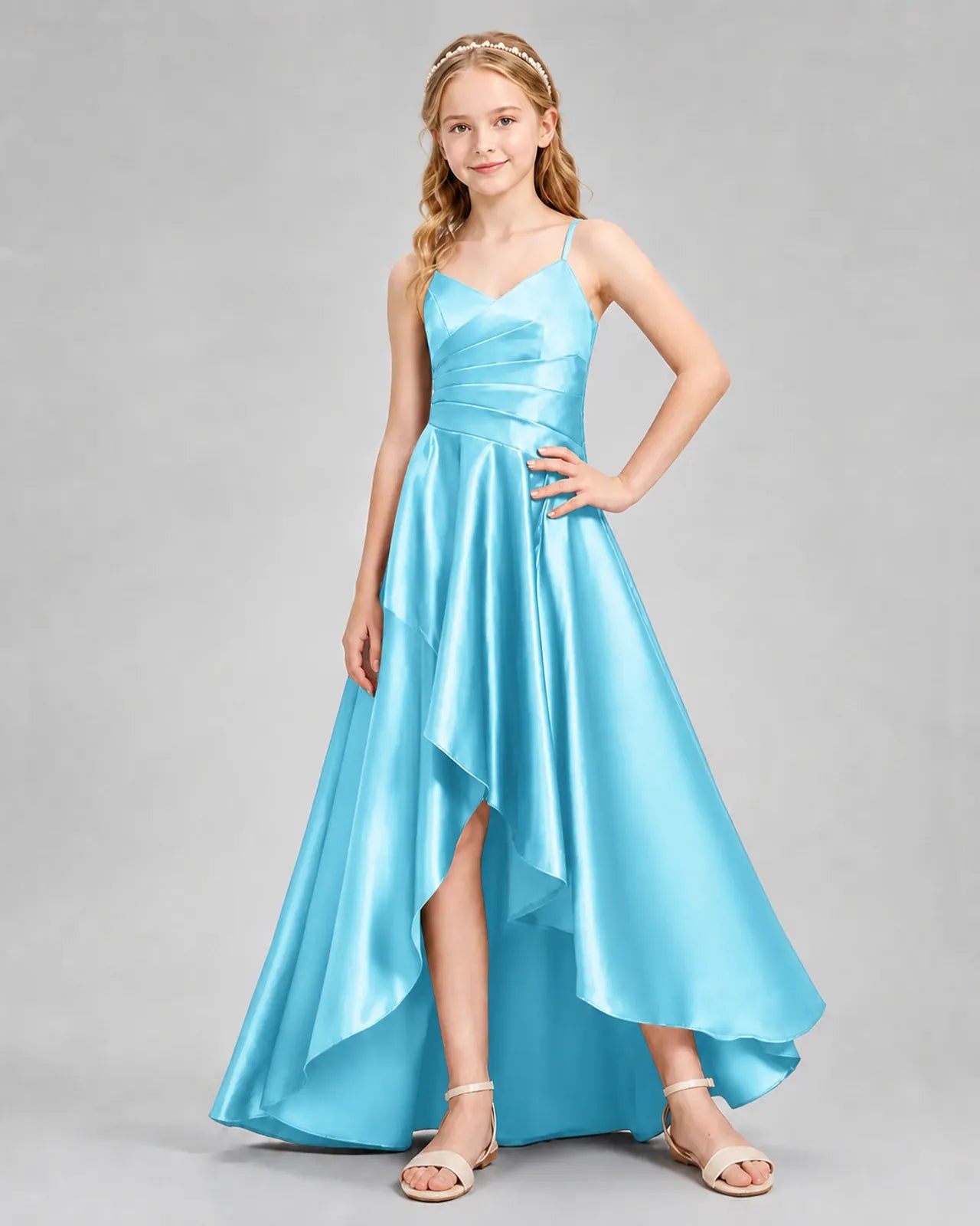 Sky Blue Satin A-line Junior Bridesmaid Dress Front View