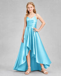 Dideyttawl Junior Bridesmaid Dress with High-Low Skirt and Satin Ruched Bodice
