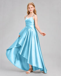 Dideyttawl Junior Bridesmaid Dress with High-Low Skirt and Satin Ruched Bodice