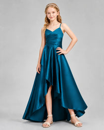 Dideyttawl Junior Bridesmaid Dress with High-Low Skirt and Satin Ruched Bodice