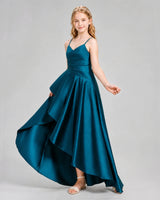 Teal Satin A-line Junior Bridesmaid Dress Side View