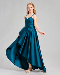 Dideyttawl Junior Bridesmaid Dress with High-Low Skirt and Satin Ruched Bodice