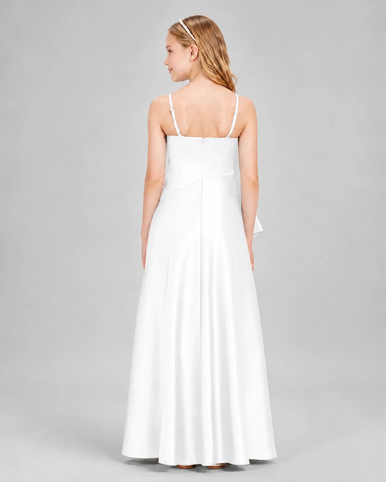 Dideyttawl Junior Bridesmaid Dress with High-Low Skirt and Satin Ruched Bodice