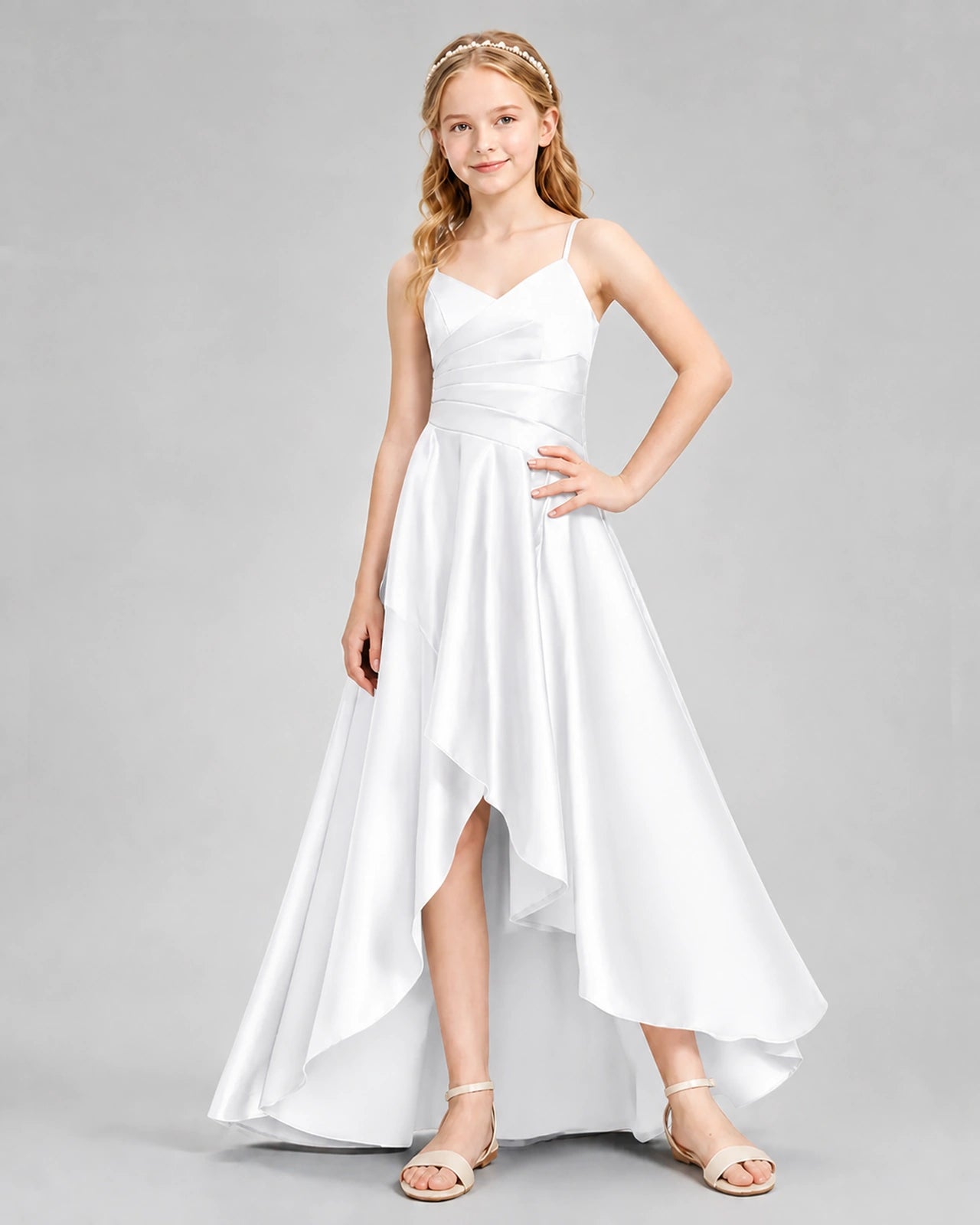 Dideyttawl Junior Bridesmaid Dress with High-Low Skirt and Satin Ruched Bodice