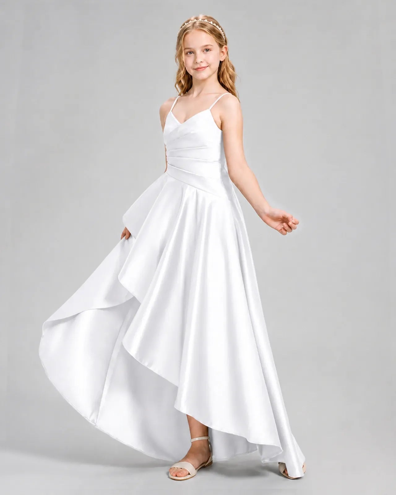 White Satin A-line Junior Bridesmaid Dress Side View
