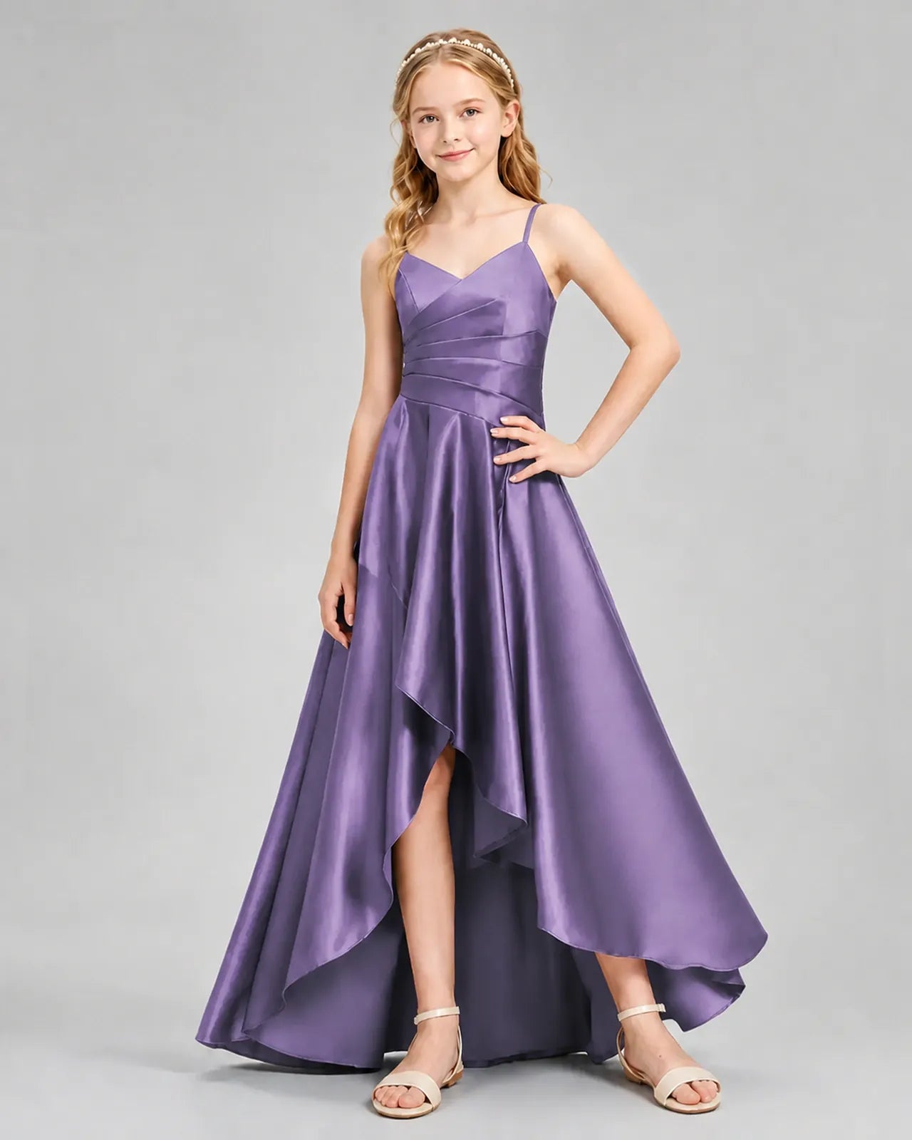 Wisteria Satin A-line Junior Bridesmaid Dress Front View