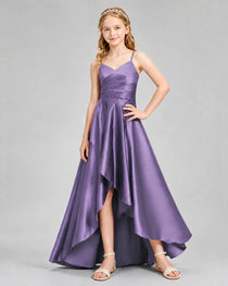 Dideyttawl Junior Bridesmaid Dress with High-Low Skirt and Satin Ruched Bodice